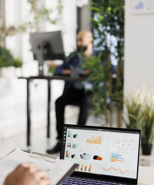 E-Commerce Manager analysiert Verkaufszahlen, Produktdaten und Performance-Kennzahlen eines Online-Shops am Laptop